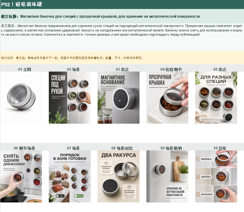 Ozon 磁吸调味罐俄语标题、描述与十张商品图样例